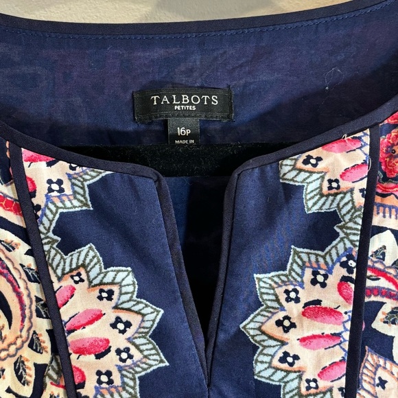 TALBOTS Sz 16P Pleated Lined 100% Cotton Navy and Pink Paisley Knee Length Dress - Picture 4 of 12